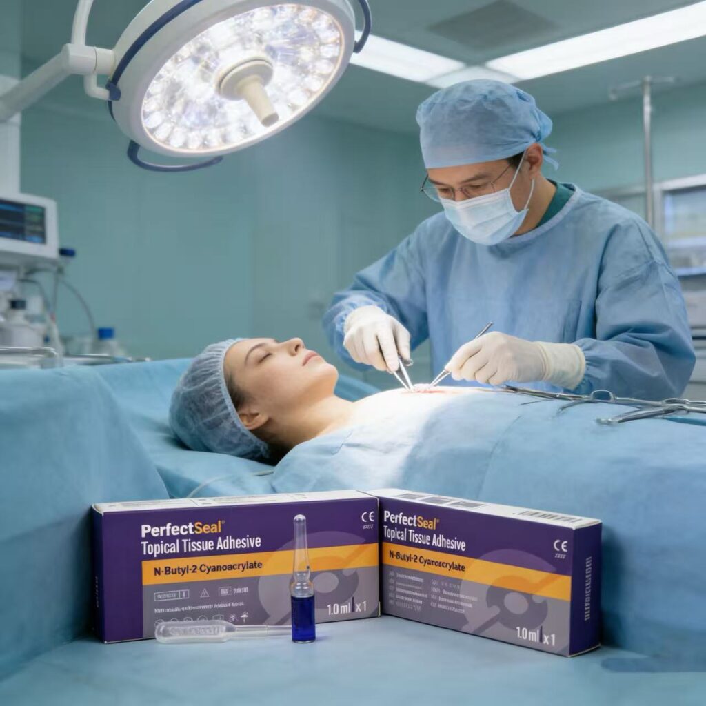 Intraoperative photograph: ongoing surgical operation with PerfectSeal tissue adhesive placed adjacent to the operative field.